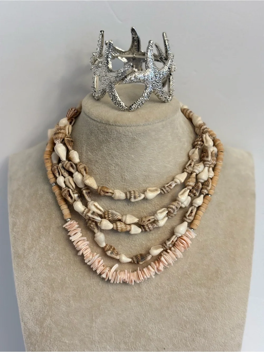 Coastal Jewelry Set Shell Necklaces & Silver Starfish Cuff Bracelet Bundle - Picture 2 of 12